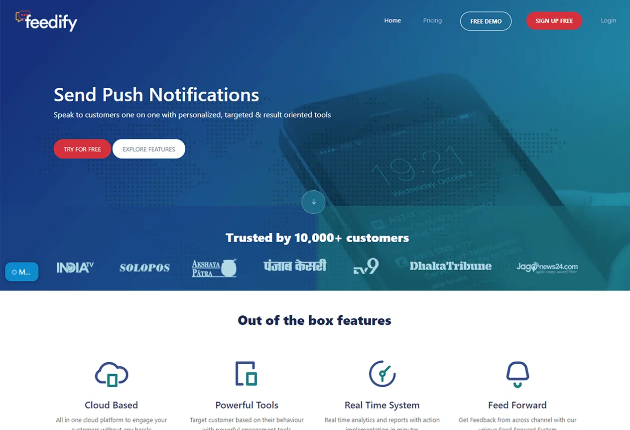 The Feedify marketing homepage hero, 'Send Push Notifications', with customer logos from press and publishers below