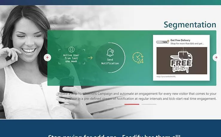 A 'Segmentation' section from the Feedify marketing site, showing a woman using her phone beside a notification-automation flow diagram and a sample 'Get Free Delivery' push notification preview