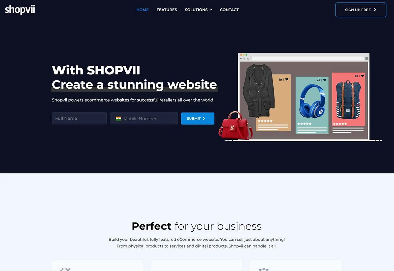 The Shopvii marketing homepage hero, with a sign-up form beside a mock ecommerce storefront preview