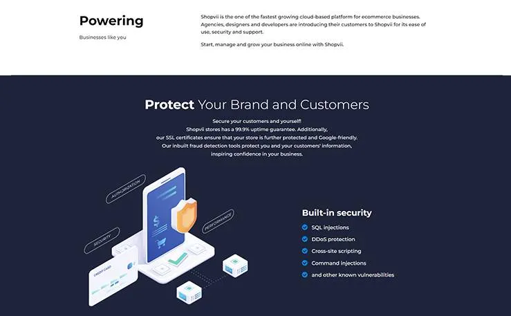A 'Protect Your Brand and Customers' section from the Shopvii marketing site, listing built-in security protections (SQL injection, DDoS, cross-site scripting and more) beside a security-themed illustration