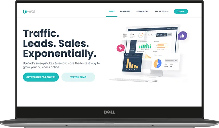 The Upviral marketing homepage hero, 'Traffic. Leads. Sales. Exponentially.', beside a dashboard-style analytics mockup