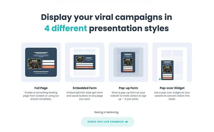 A panel from the Upviral marketing site, 'Display your viral campaigns in 4 different presentation styles', showing four layout options — Full Page, Embedded Form, Pop-up Form and Pop-over Widget — each with a short description